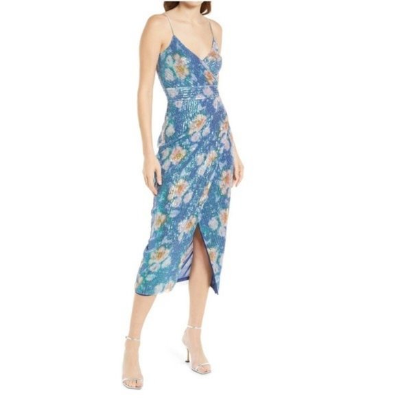 Saylor Faux Wrap Blue Floral Sequin Plunging Midi Dress NWT Medium - Picture 1 of 6